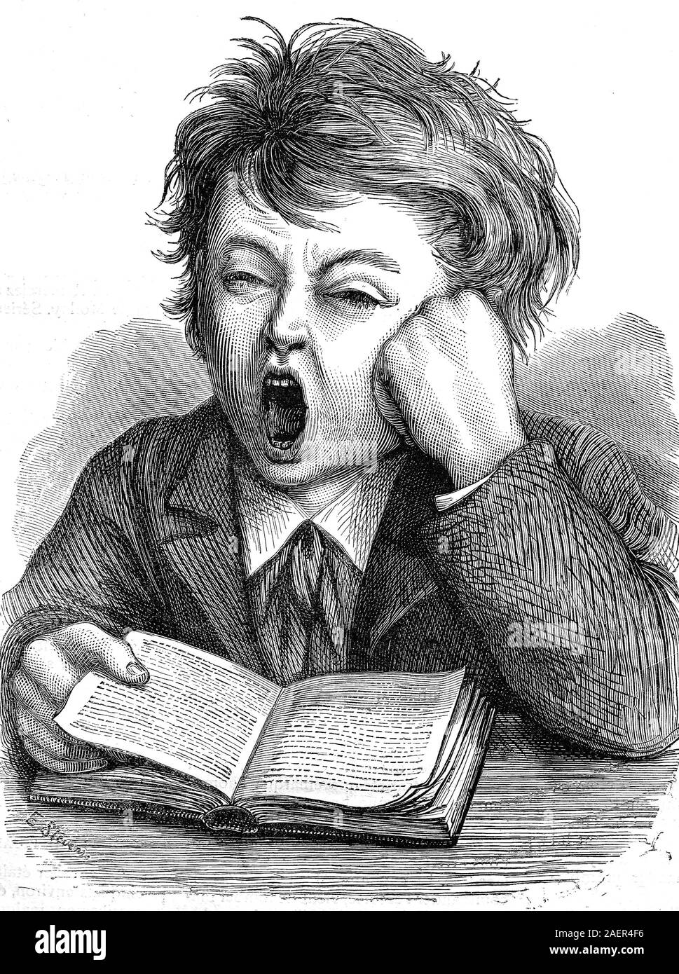 Boy yawns while reading  /  Junge gähnt bei Lesen, Reproduction of an original 19th century print / Reproduktion von einem Originaldruck aus dem 19. Jahrhundert Stock Photo