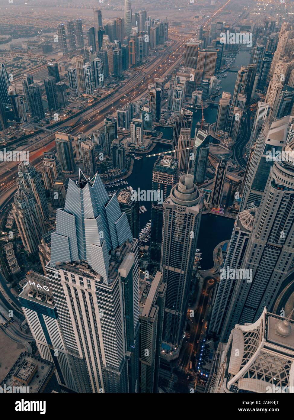 Aerial drone shot of the cityscape of Dubai Marina in Dubai, United Arab Emirates Stock Photo