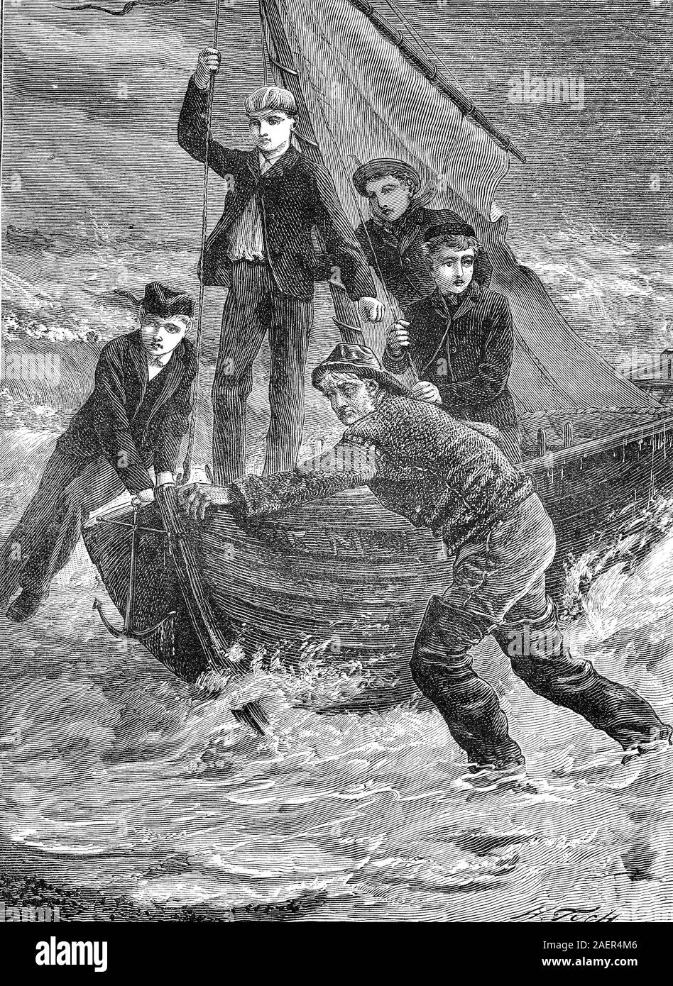 Men bring a boat to the beach  /  Männer bringen ein Boot an den Strand, Reproduction of an original 19th century print / Reproduktion von einem Originaldruck aus dem 19. Jahrhundert Stock Photo
