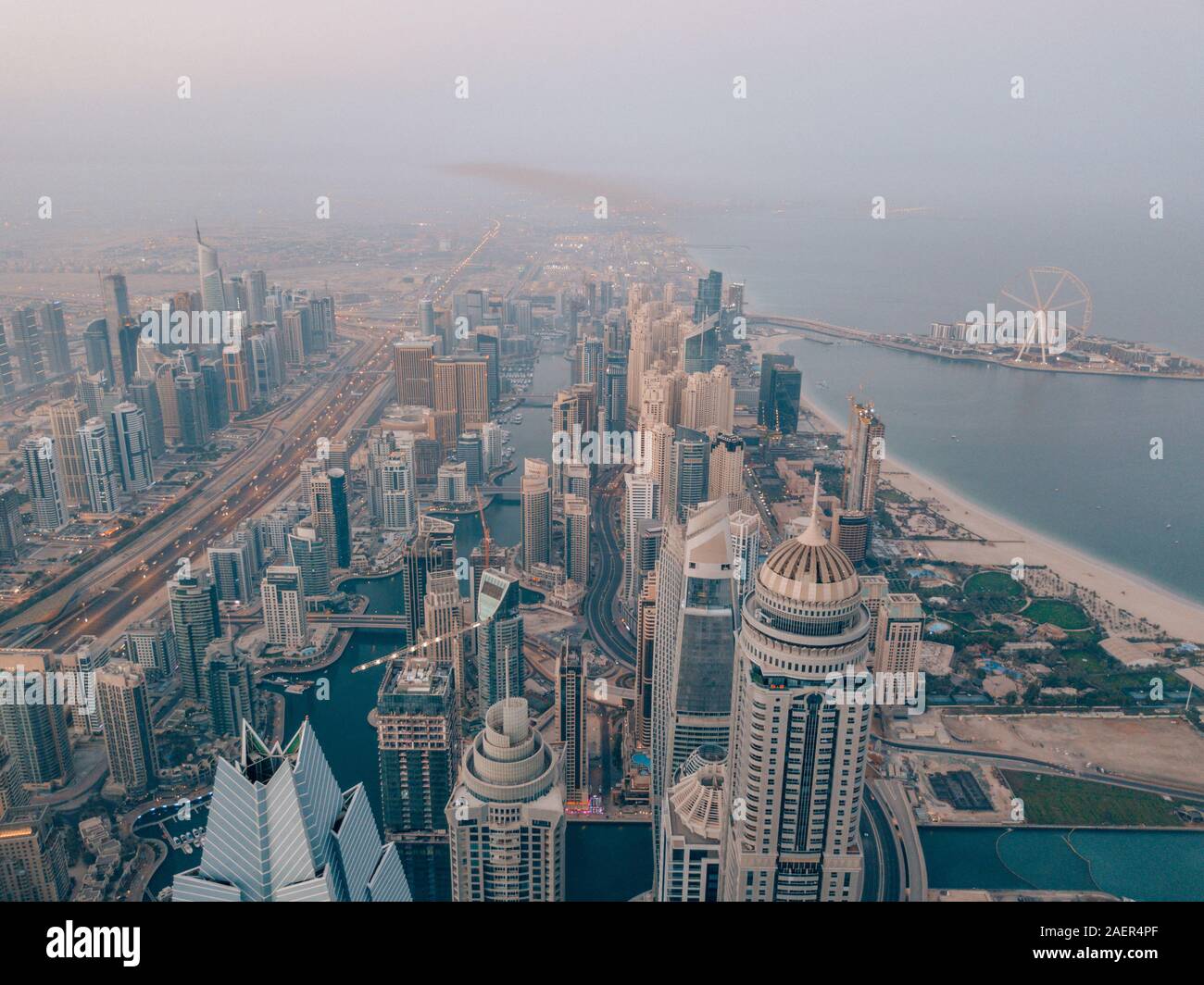 Aerial drone shot of the cityscape of Dubai Marina in Dubai, United Arab Emirates Stock Photo