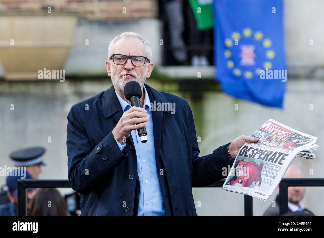 Bristol, UK, 9th Dec,2019. Jeremy Corbyn is pictured speaking to supporters about the photo in the Mirror of a child sleeping on a NHS hospital floor. Stock Photo