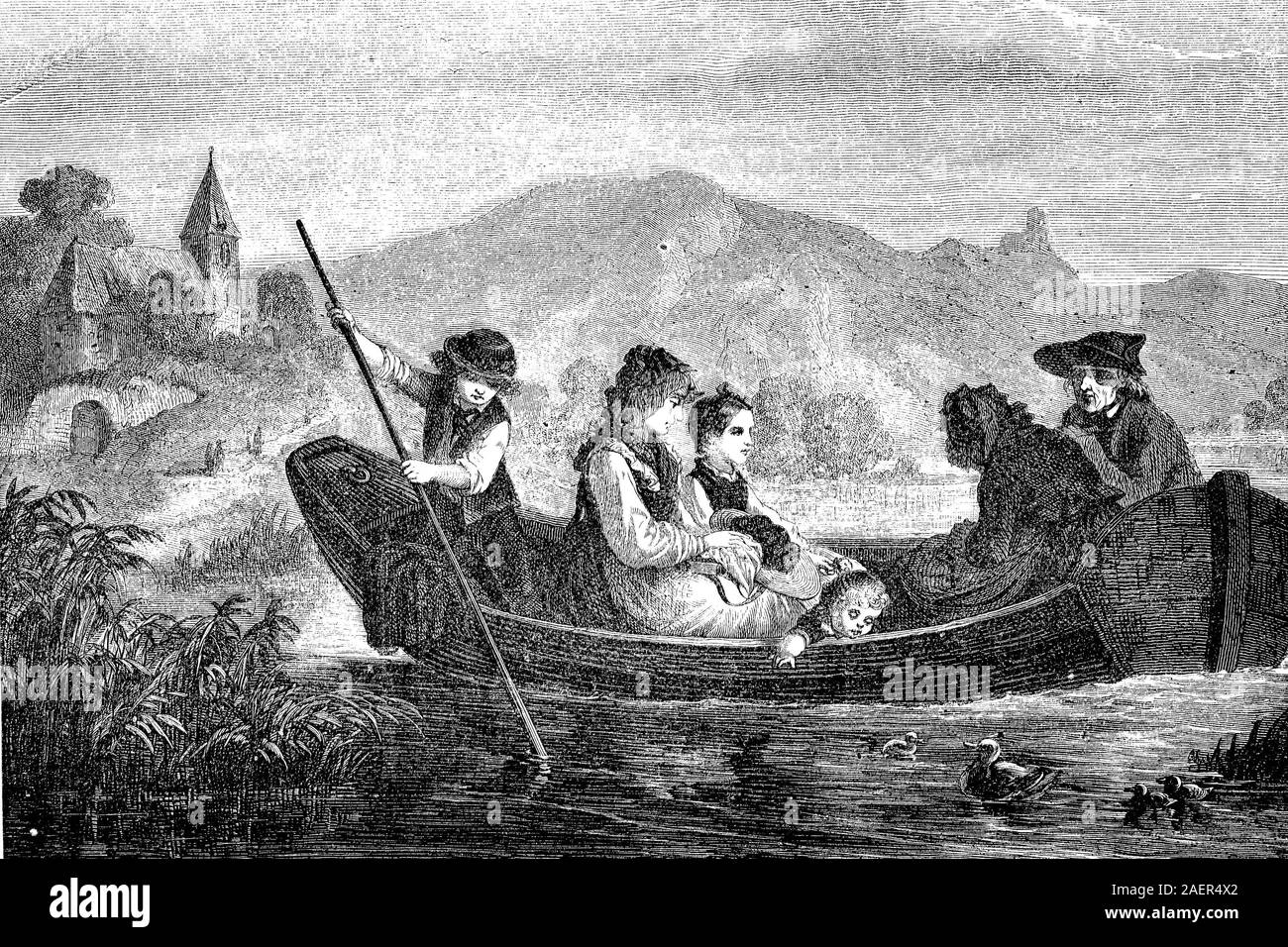 Boat crossing the river Rhine at Bingen, Germany  /  Boot beim Übersetzen über den Rhein bei Bingen, Deutschland, Reproduction of an original 19th century print / Reproduktion von einem Originaldruck aus dem 19. Jahrhundert Stock Photo