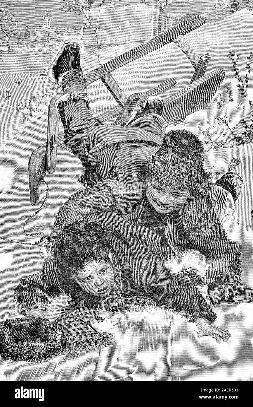Children fell off the sled  /  Kinder sind vom Schlitten gefallen, Reproduction of an original 19th century print / Reproduktion von einem Originaldruck aus dem 19. Jahrhundert Stock Photo