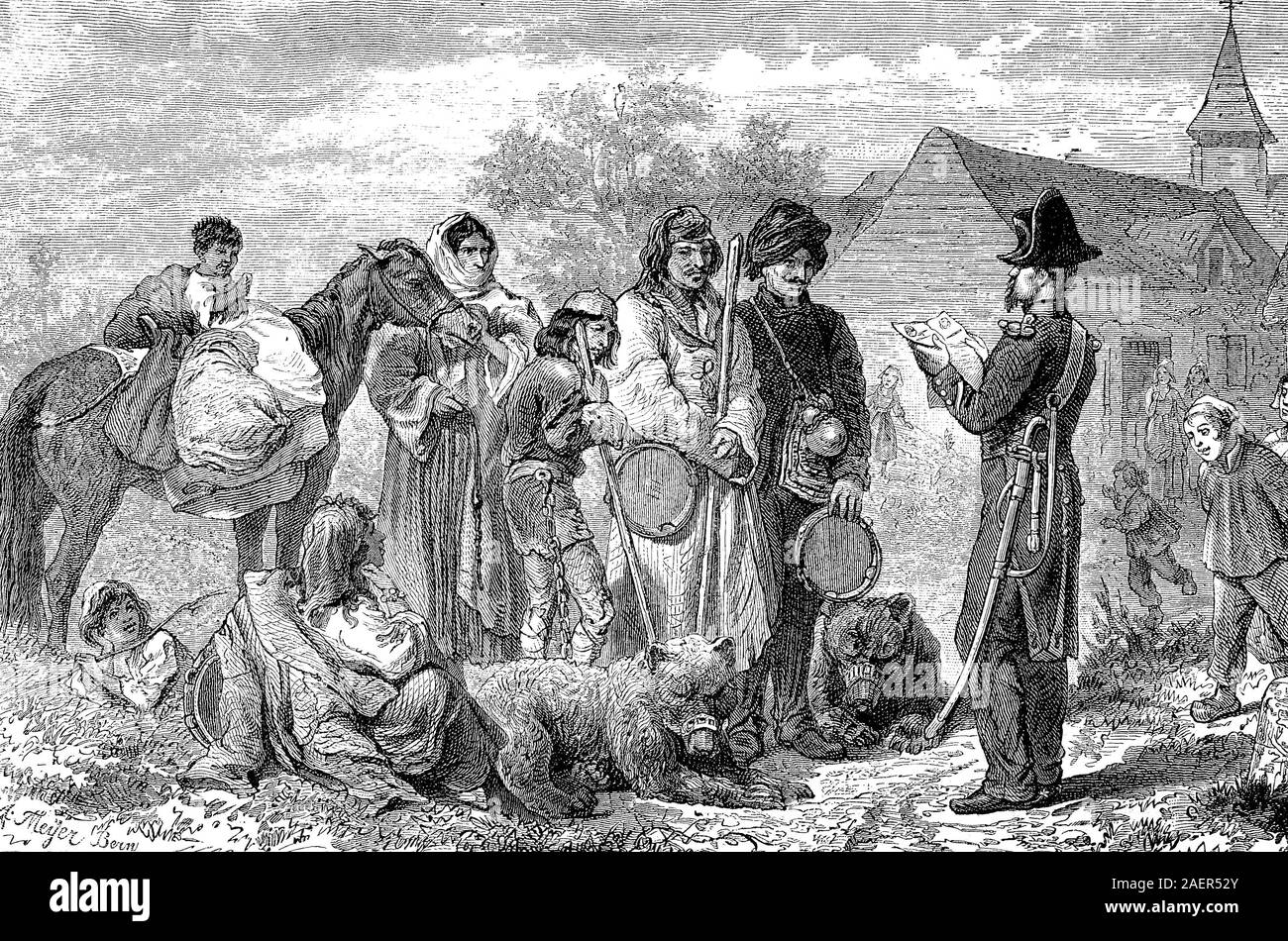 a group of gypsies is stopped and controlled by the village policeman  /  eine Gruppe Zigeuner wird vom Dorfpolizist aufgehalten und kontrolliert, Reproduction of an original 19th century print / Reproduktion von einem Originaldruck aus dem 19. Jahrhundert - Stock Image