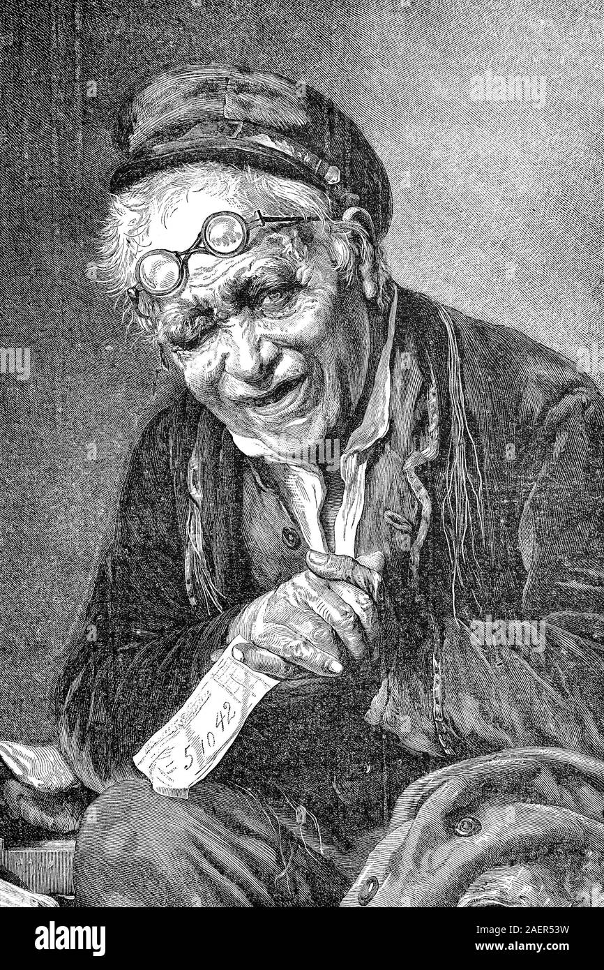 old man with a lottery ticket  /  alter Mann mit einem Lotterieschein, Reproduction of an original 19th century print / Reproduktion von einem Originaldruck aus dem 19. Jahrhundert Stock Photo