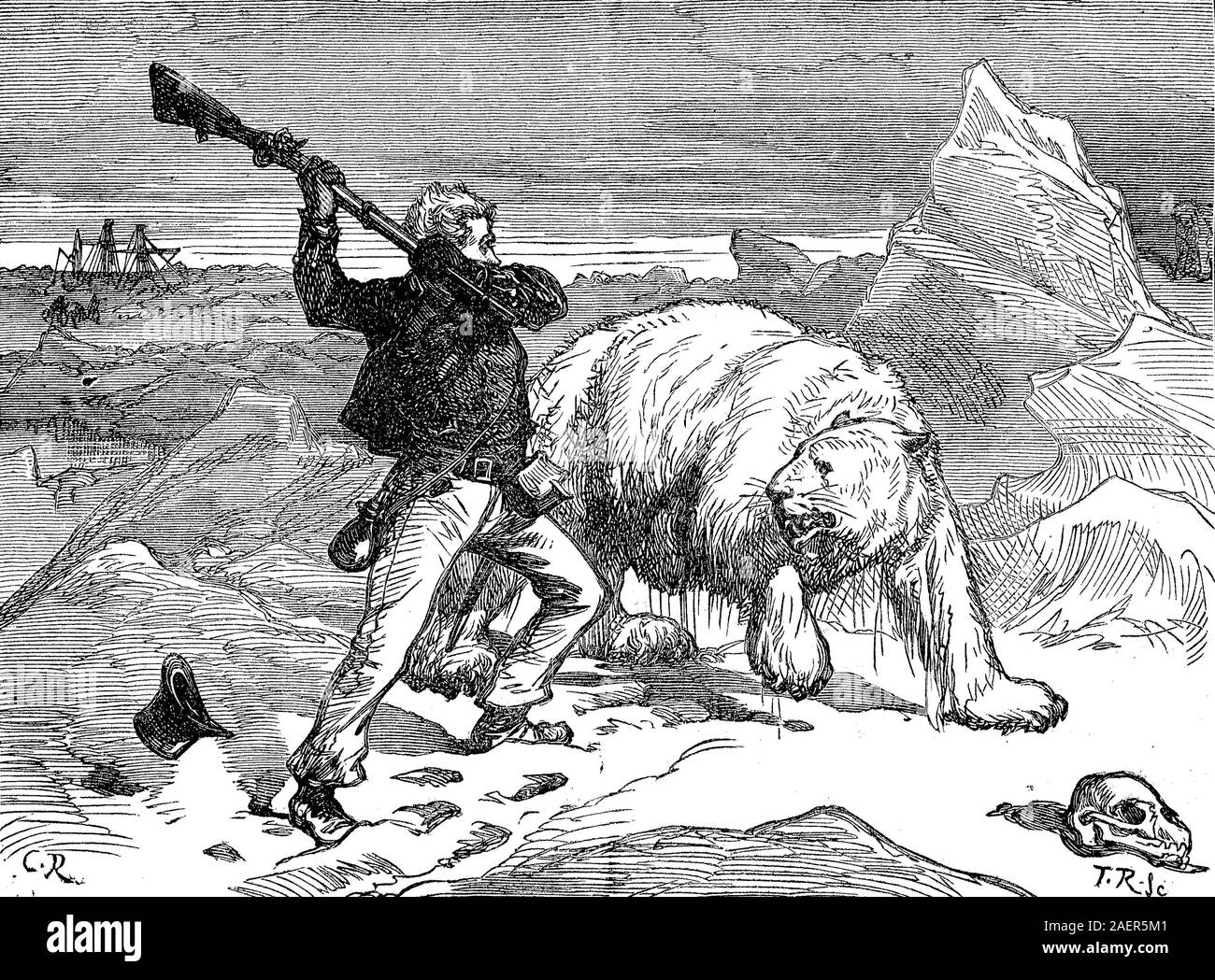 Man is fighting against a polar bear  /  Mann kämpft gegen einen Eisbären, Reproduction of an original 19th century print / Reproduktion von einem Originaldruck aus dem 19. Jahrhundert Stock Photo