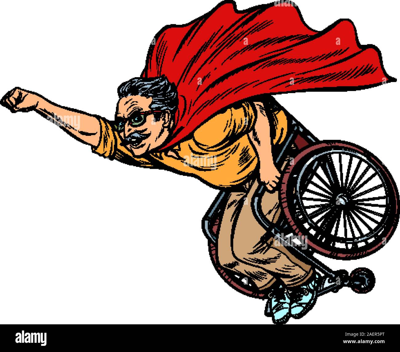 man retired superhero disabled in a wheelchair. Health and longevity of older people Stock Vector