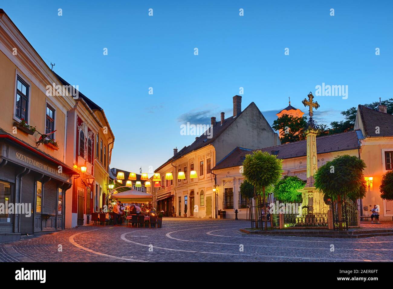 Illuminated old town main square in Szentendre, Hungary Stock Photo