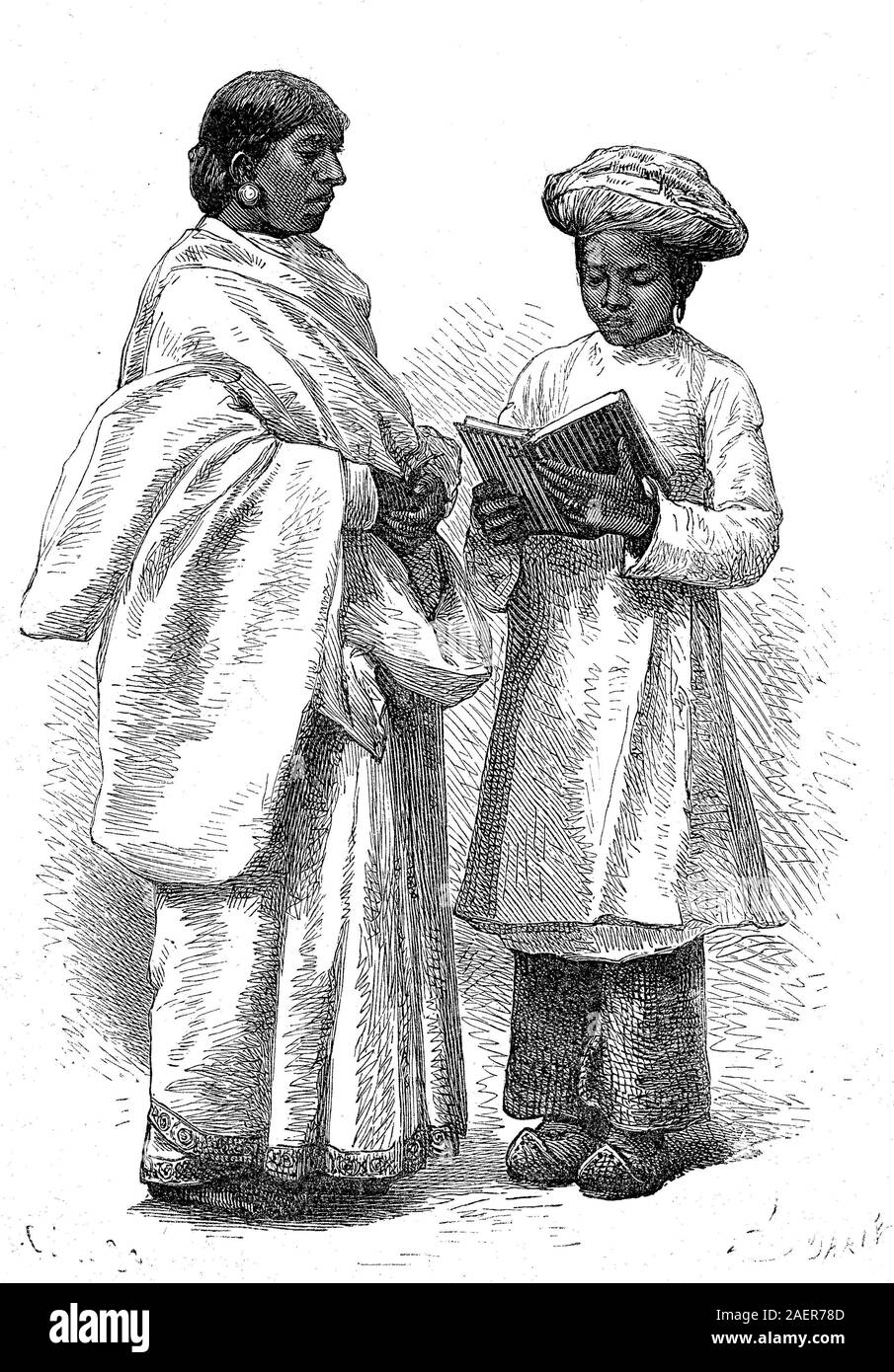 Woman and schoolchild from Bengal, Bangladesh, India  /  Frau und Schulkind aus Bengalen, Bangladesh, Indien, Reproduction of an original 19th century print / Reproduktion von einem Originaldruck aus dem 19. Jahrhundert Stock Photo