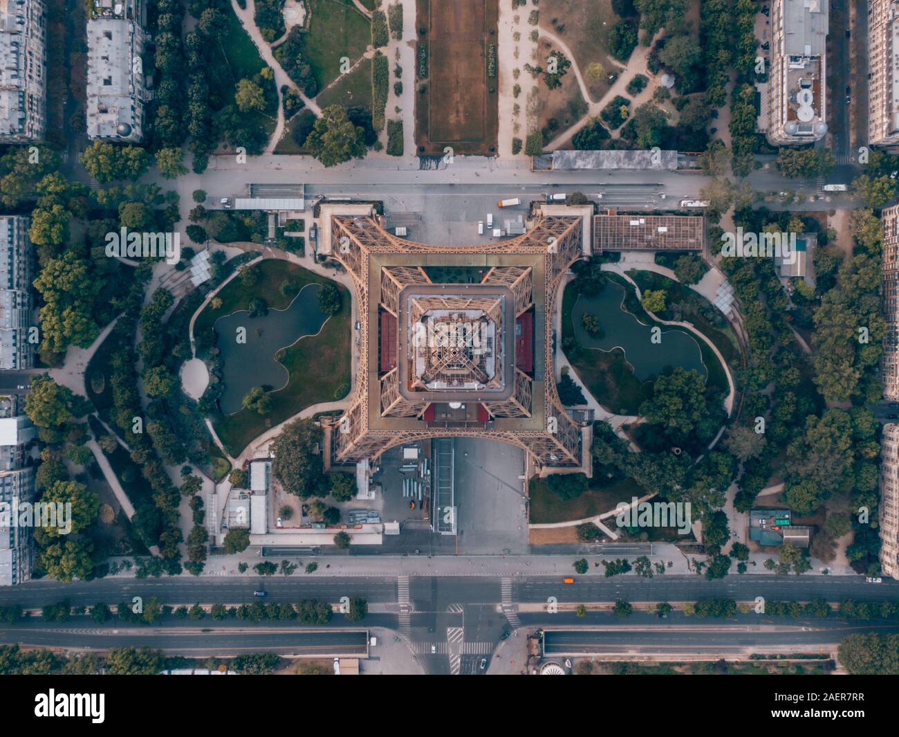 Aerial top down shot on to the EIffel Tower in Paris, France Stock Photo