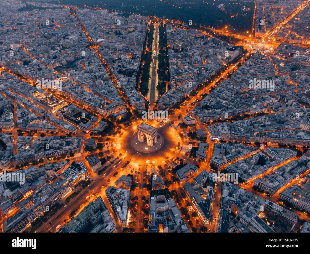 Aerial of the Arc de Triomphe in Paris, France at night Stock Photo Alamy