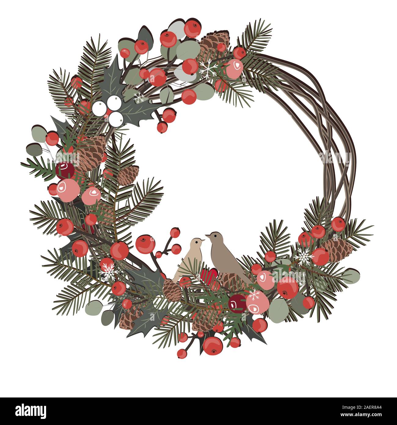 Beautiful Christmas decorative wreath of vine and pine branches, berries, ilex, cedar cones, and cute birds isolated on white background. Vector Stock Vector