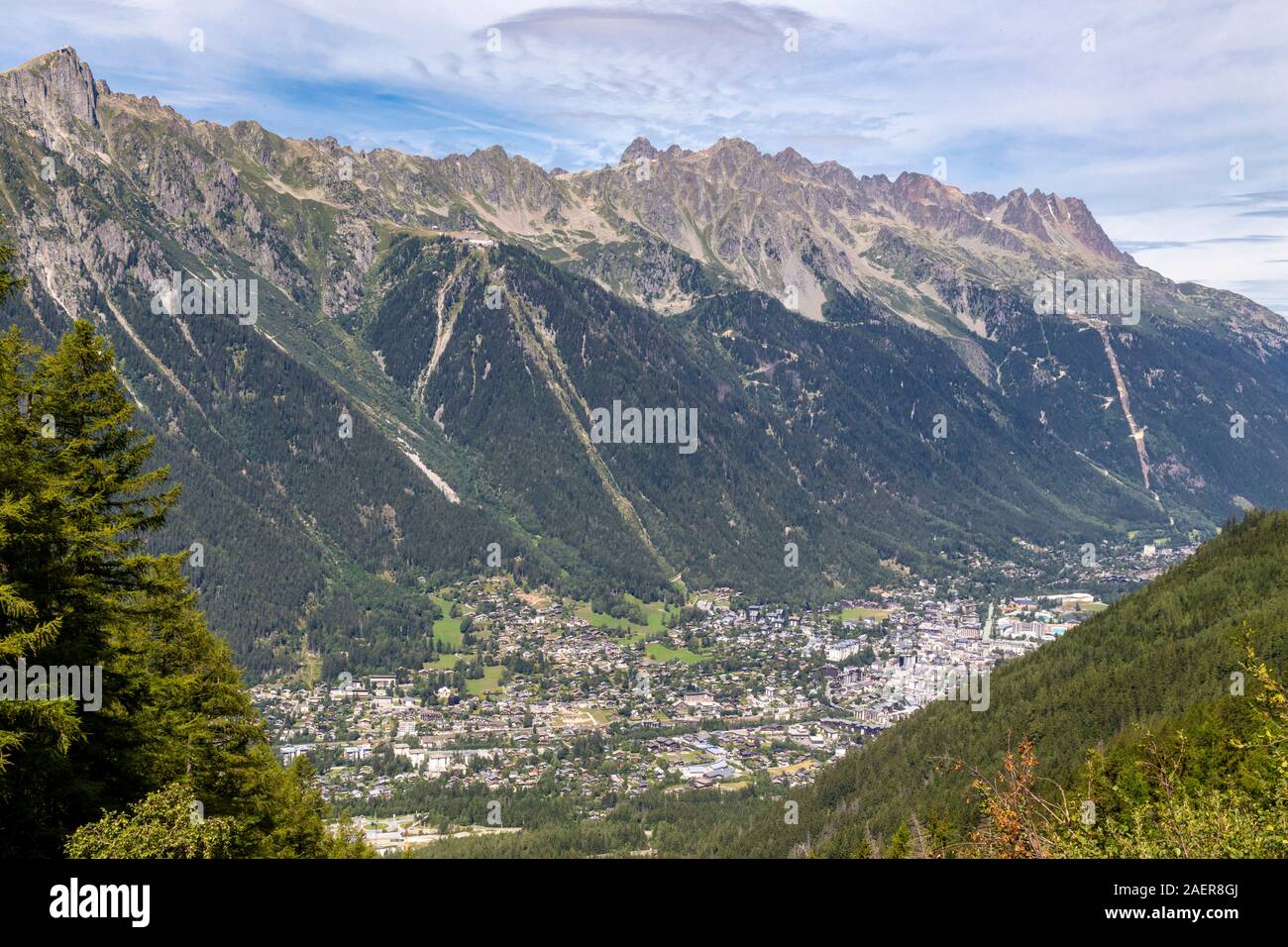 Aerial view on Chamonix valley in summer, Mont Blanc massif, The Alps, France Stock Photo