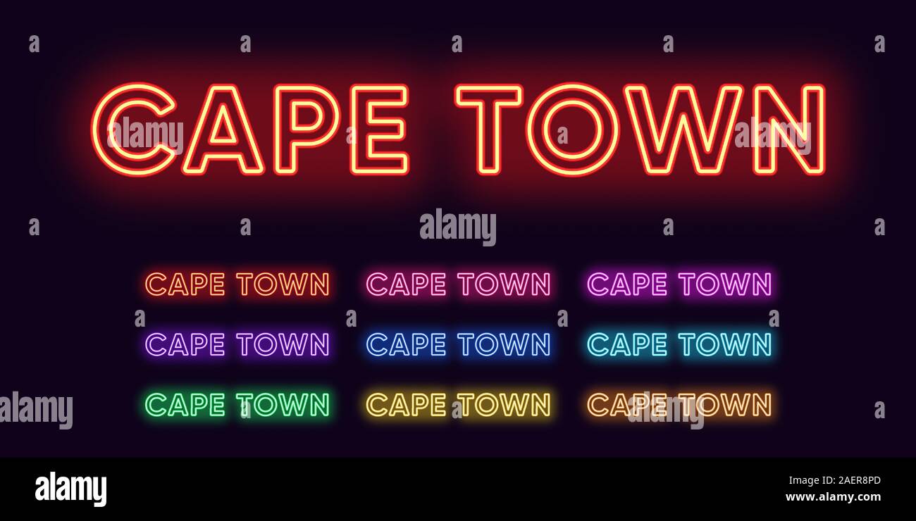 Neon Cape Town name, City in South Africa. Neon text of Cape Town city. Vector set of glowing Headlines with transparent backlight. Red pink purple, v Stock Vector
