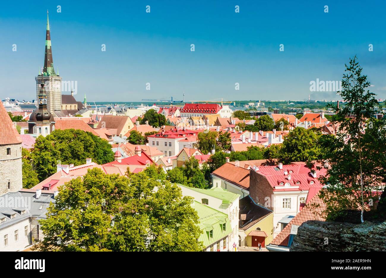 Old buildings at the Old Town, harbor and downtown in Tallinn, Estonia, viewed from above on a sunny day in the summe Stock Photo