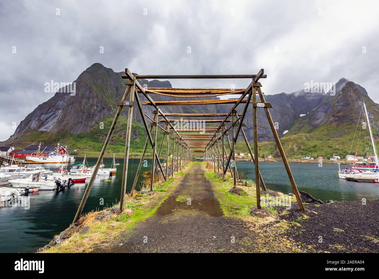 Cod dryer at Reine, fishing village is located on the island of Moskenesoya in the Lofoten archipelago, above the Arctic Circle, Norway. Stock Photo