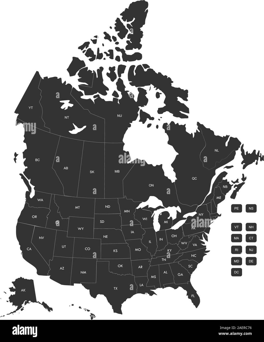 Regional map of USA states and Canada provinces with labels vector illustration. Gray background. Stock Vector