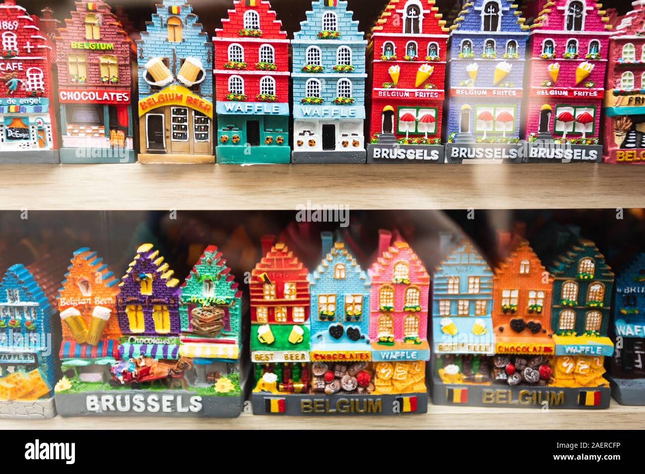 souvenirs from Brussels on a showcase Stock Photo Alamy