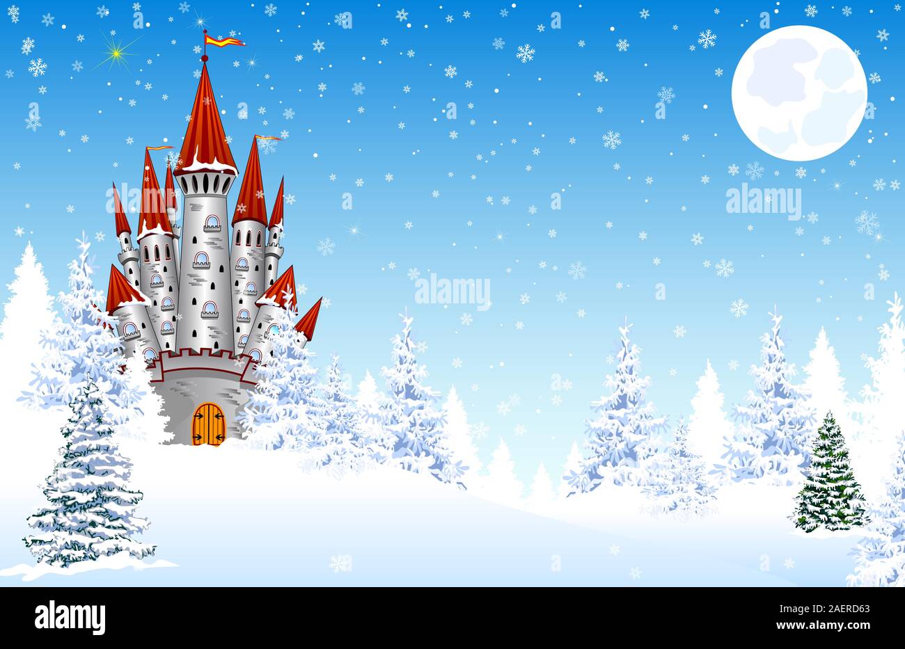 Castle on a background of a winter snowy forest. Snow, snowflakes. The night, the moon. Winter landscape. Stock Vector