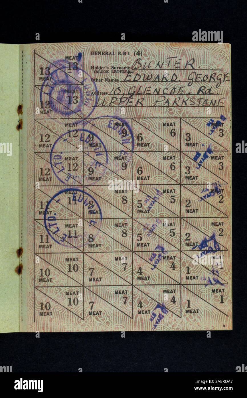 Meat coupon page in a replica Ration Book from 1941, a piece of World