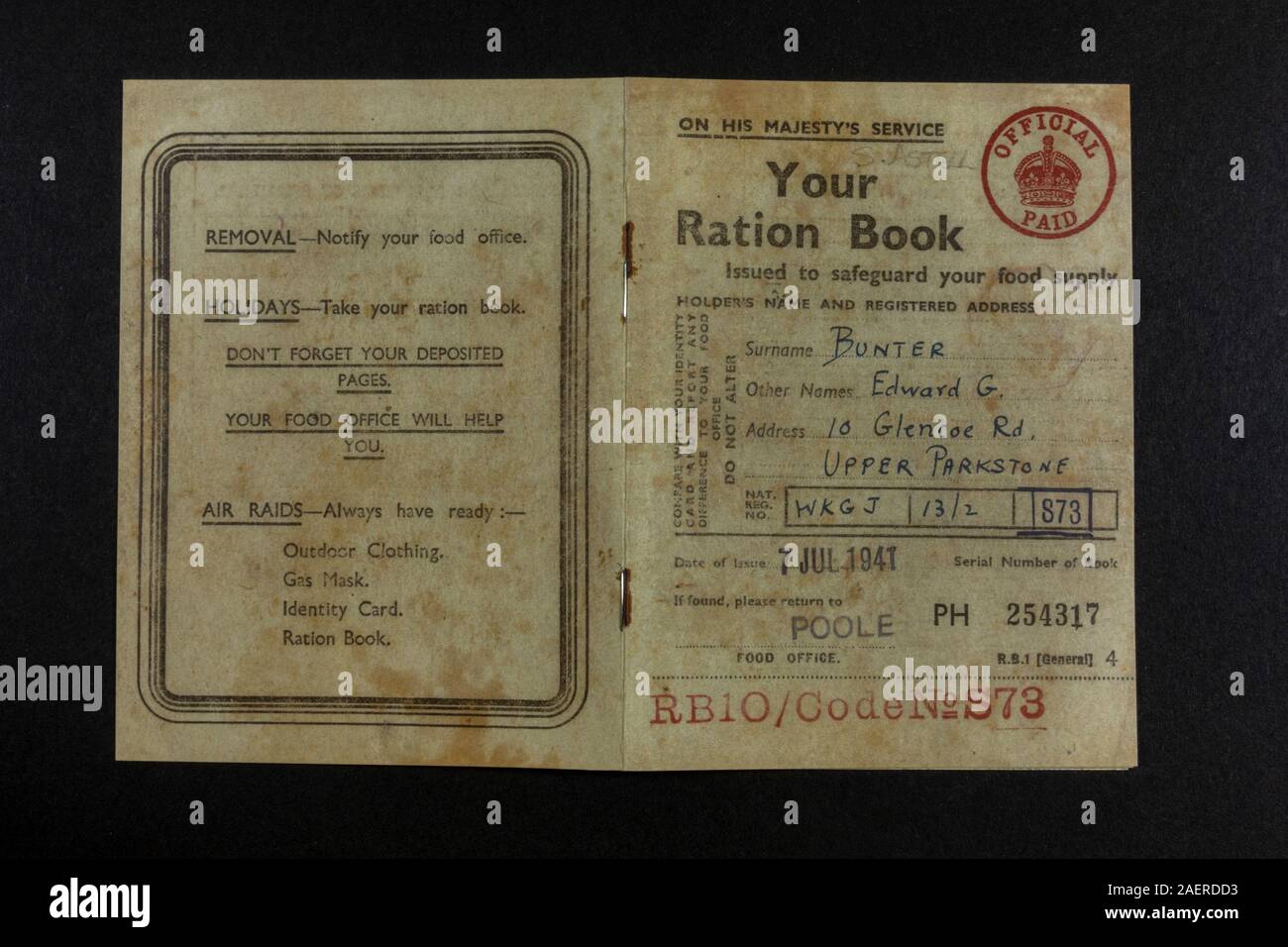 Front and back page of a replica Ration Book from 1941, a piece of World War II related memorabilia from Britain in the 1940s. Stock Photo
