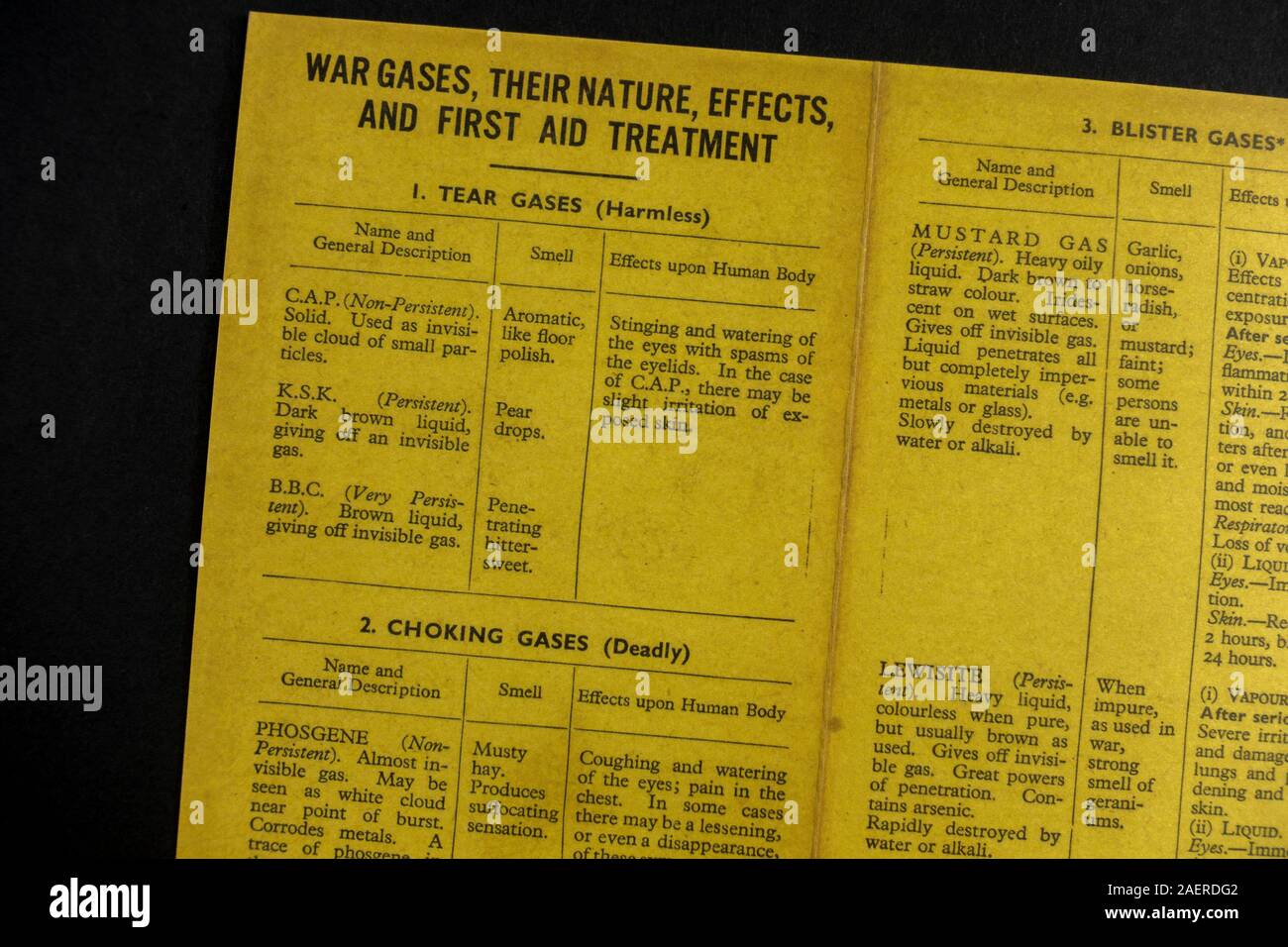 'Chart of War Gases' issued by the Ministry of Home Security, a piece of World War II related replica memorabilia from Britain in the 1940s. Stock Photo