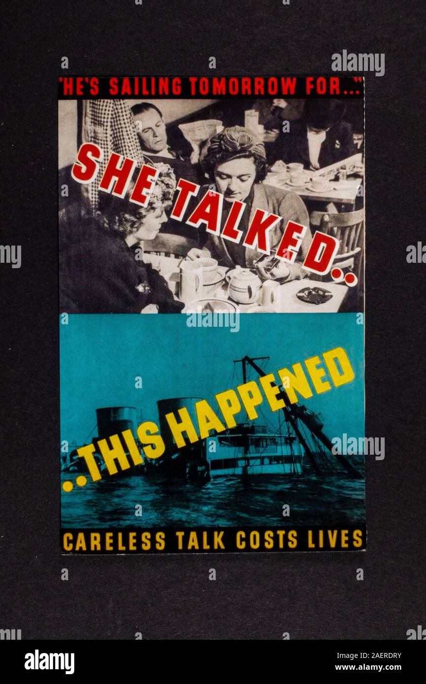 'Careless Talk Costs Lives' poster, a piece of World War II related replica memorabilia from Britain in the 1940s. Stock Photo