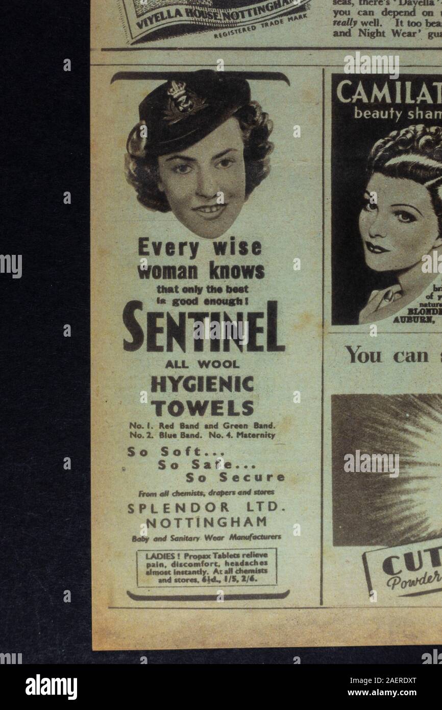 An advert for Sentinel 'hygenic towels' in "Woman's Illustrated" magazine (17 Jun 44): a piece of WWII replica memorabilia from 1940s Britain. Stock Photo