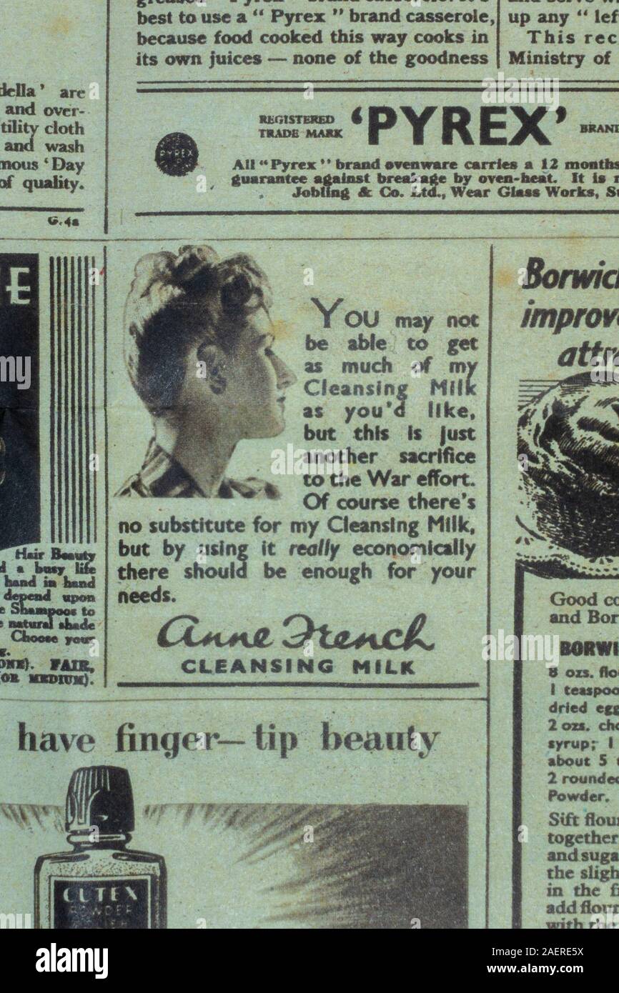 An advert for Anne French cleansing milk in 'Woman's Illustrated' magazine (17 Jun 44): a piece of WWII replica memorabilia from 1940s Britain. Stock Photo