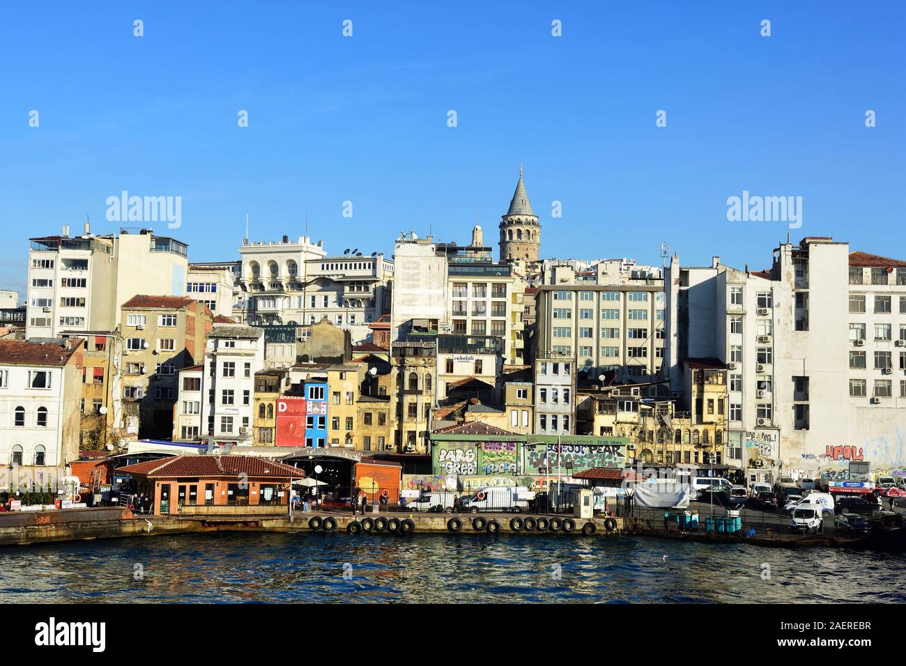 Turkey, Istanbul. View from Galata Bridge on the Galata Tower in Istanbul Stock Photo