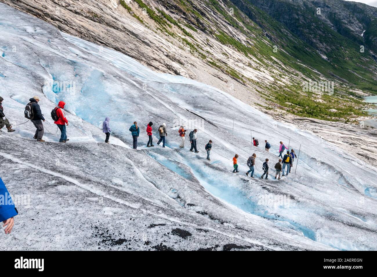 Glacier hike, guided tour, family tours, tourists hikers, rope, crampons, glacier tongue Nigardsbre, Norway Stock Photo