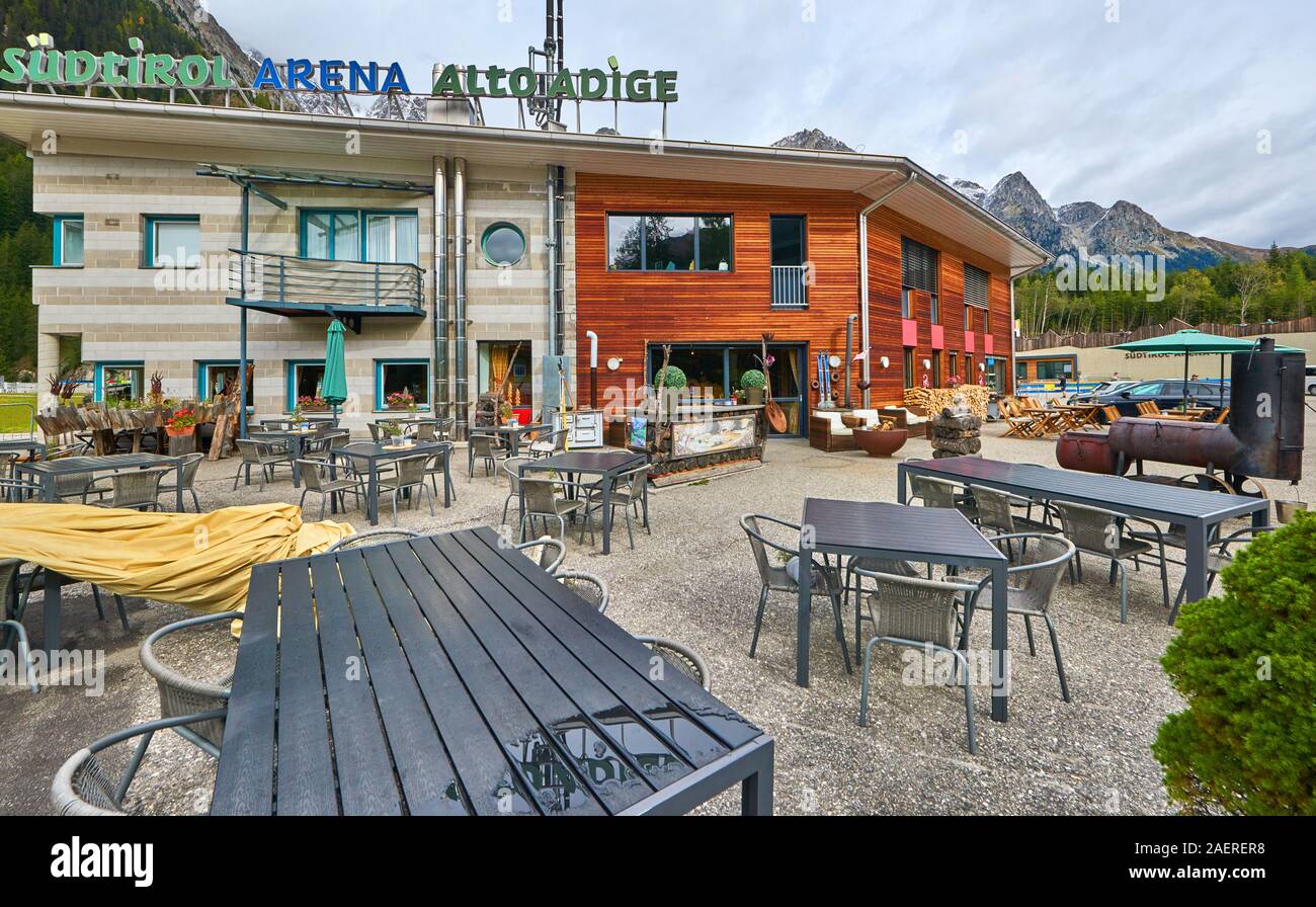Café at Sudtirol Alto Adige arena, Italy Stock Photo