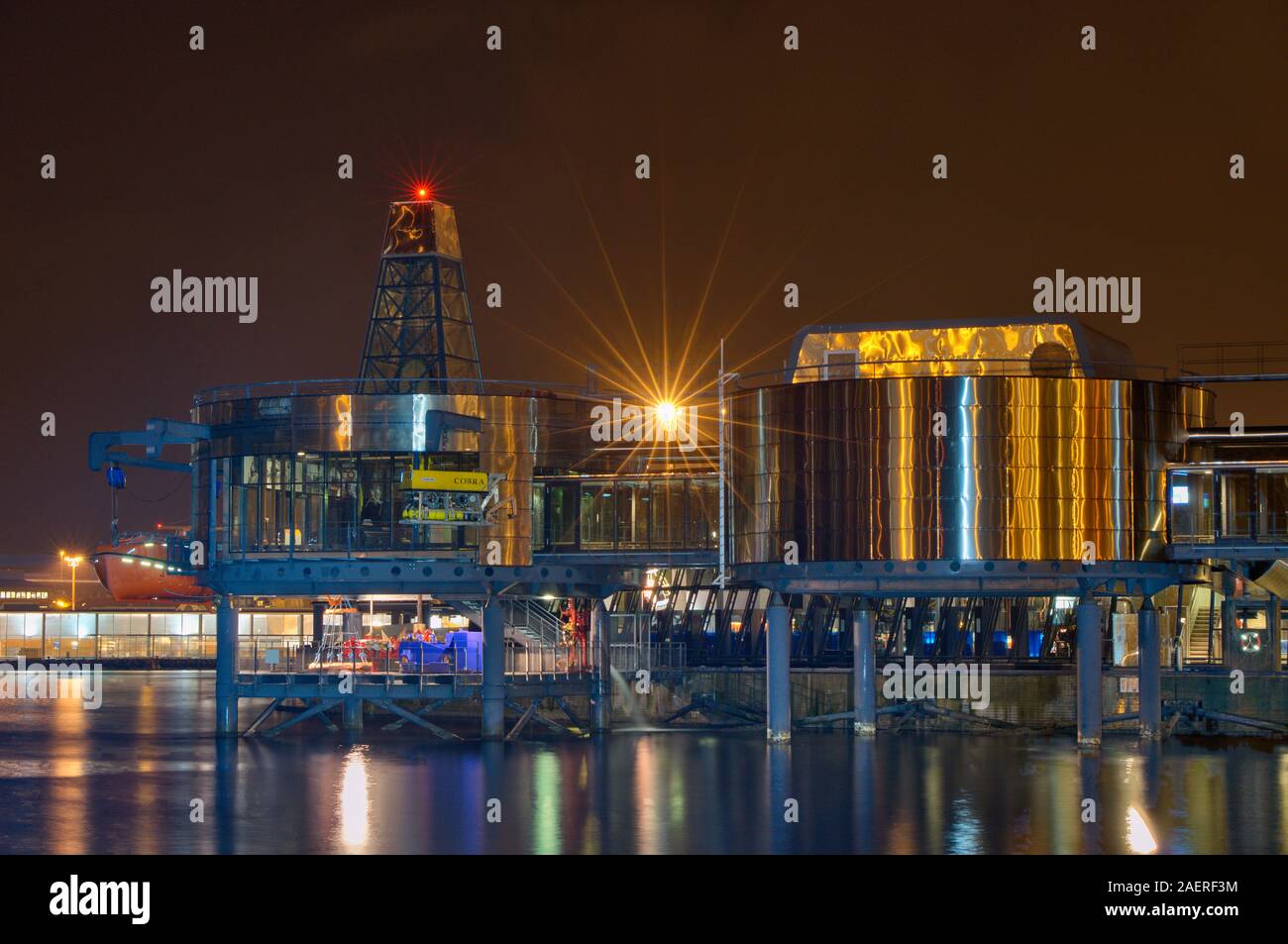 Oil Museum built in the style of an oil rig, night scene, Stavanger, Rogaland, Norway Stock Photo