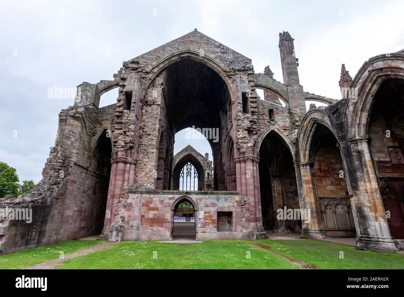 Melrose Abbey, partly ruined monastery of the Cistercian order in Melrose, Roxburghshire, Scottish Borders, Scotland, UK Stock Photo