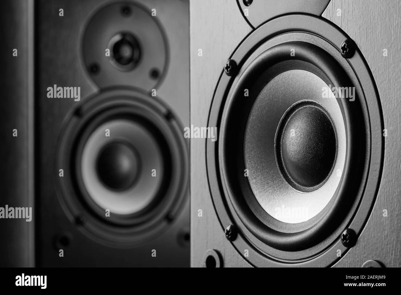 Dark color music speakers. Loud listening music Stock Photo Alamy