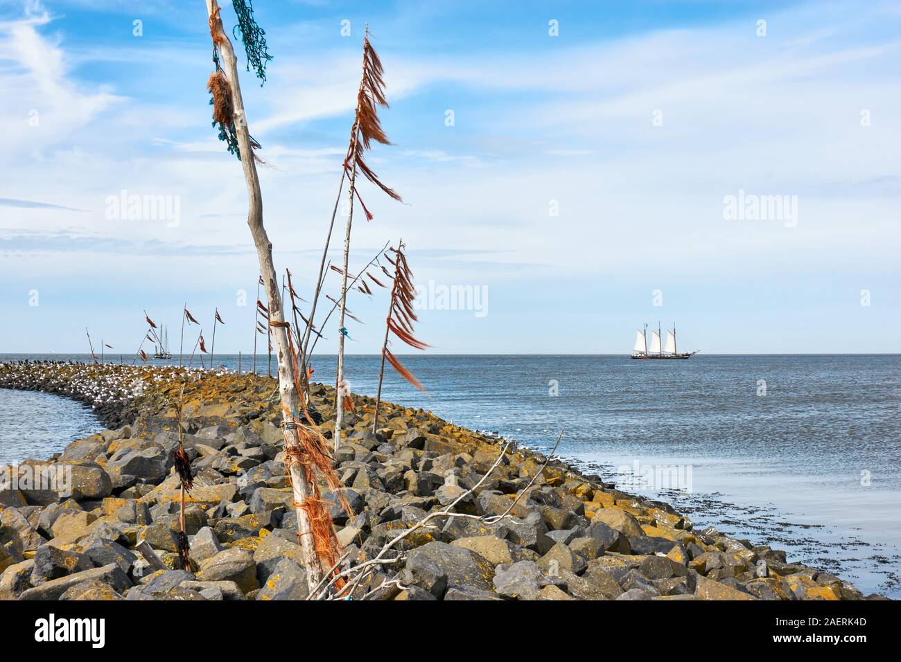 Breakwater or pier and poles with colored rope and plastic waving in the wind and a ship with white sails in the Wadden Sea. Stock Photo