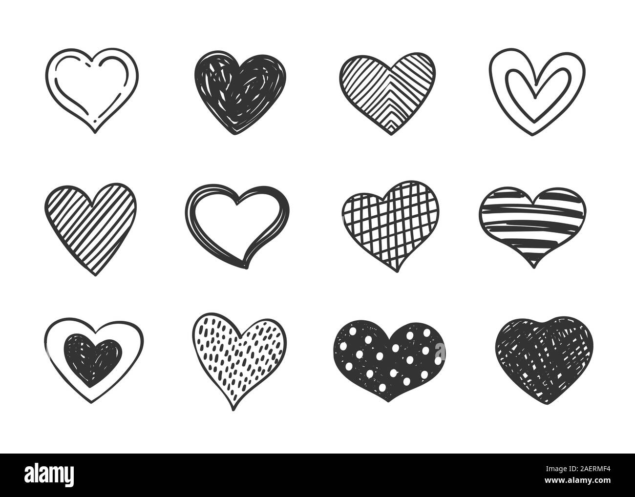 Set of doodle decorated heart shaped symbols. Collection of different hand drawn romantic hearts for web site, Stock Vector