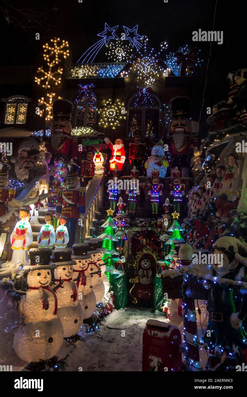 Elaborate Christmas decorations on a house in Dyker Heights, Brooklyn, NY, USA. A neighborhood tradition. Stock Photo
