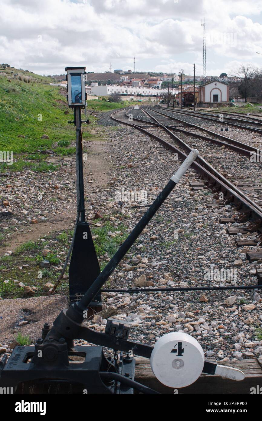 Track side lever to operate the manual points switching mechanism on tracks on Railway Stock Photo