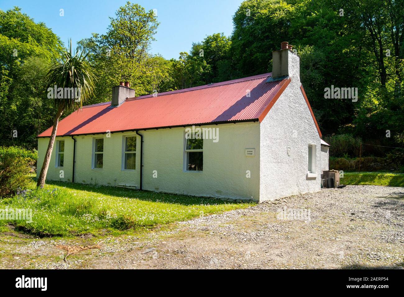 Whitewashed holiday cottage with red painted tin metal roof in sheltered woodland clearing, Scotland, UK Stock Photo