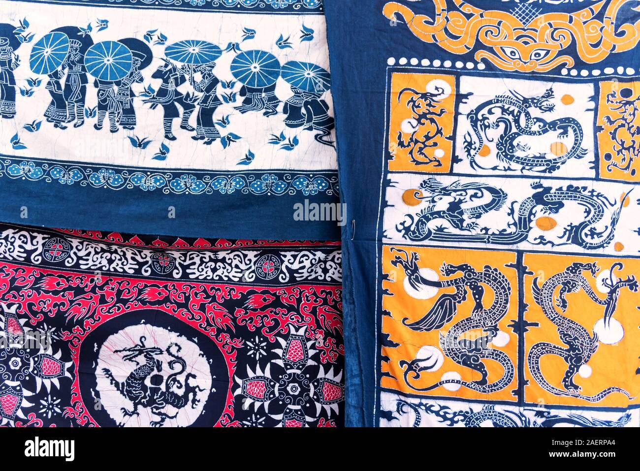 Typical Chinese batik fabrics in Zhoucheng, Yunnan, China Stock Photo -  Alamy, image size:1300x957