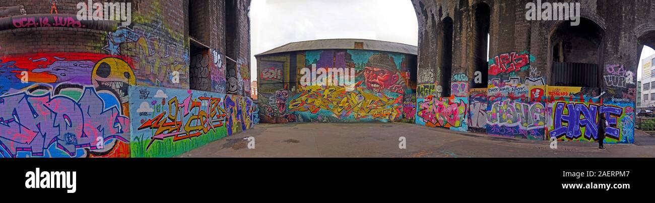 Graffiti urban street art panorama,in Floodgate St,Digbeth,Bordesley & Highgate,Birmingham,West Midlands,England,UK,B5 5ST Stock Photo