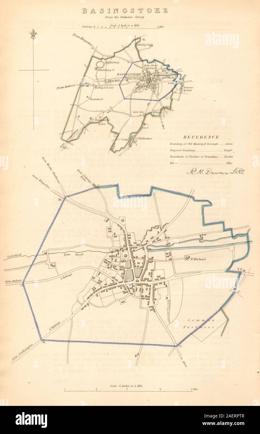 BASINGSTOKE borough/town plan. BOUNDARY COMMISSION. Hampshire. DAWSON 1837 map Stock Photo