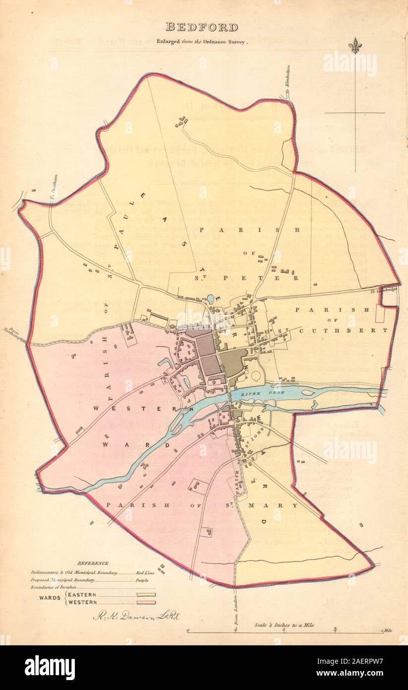 BEDFORD borough/town plan. BOUNDARY COMMISSION. Bedfordshire. DAWSON