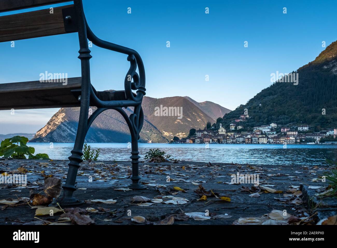 Unusual sight from Lake Iseo to Peschiera Maraglio, a small town on the island of Monte Isola (Lombardy, Italy). Stock Photo