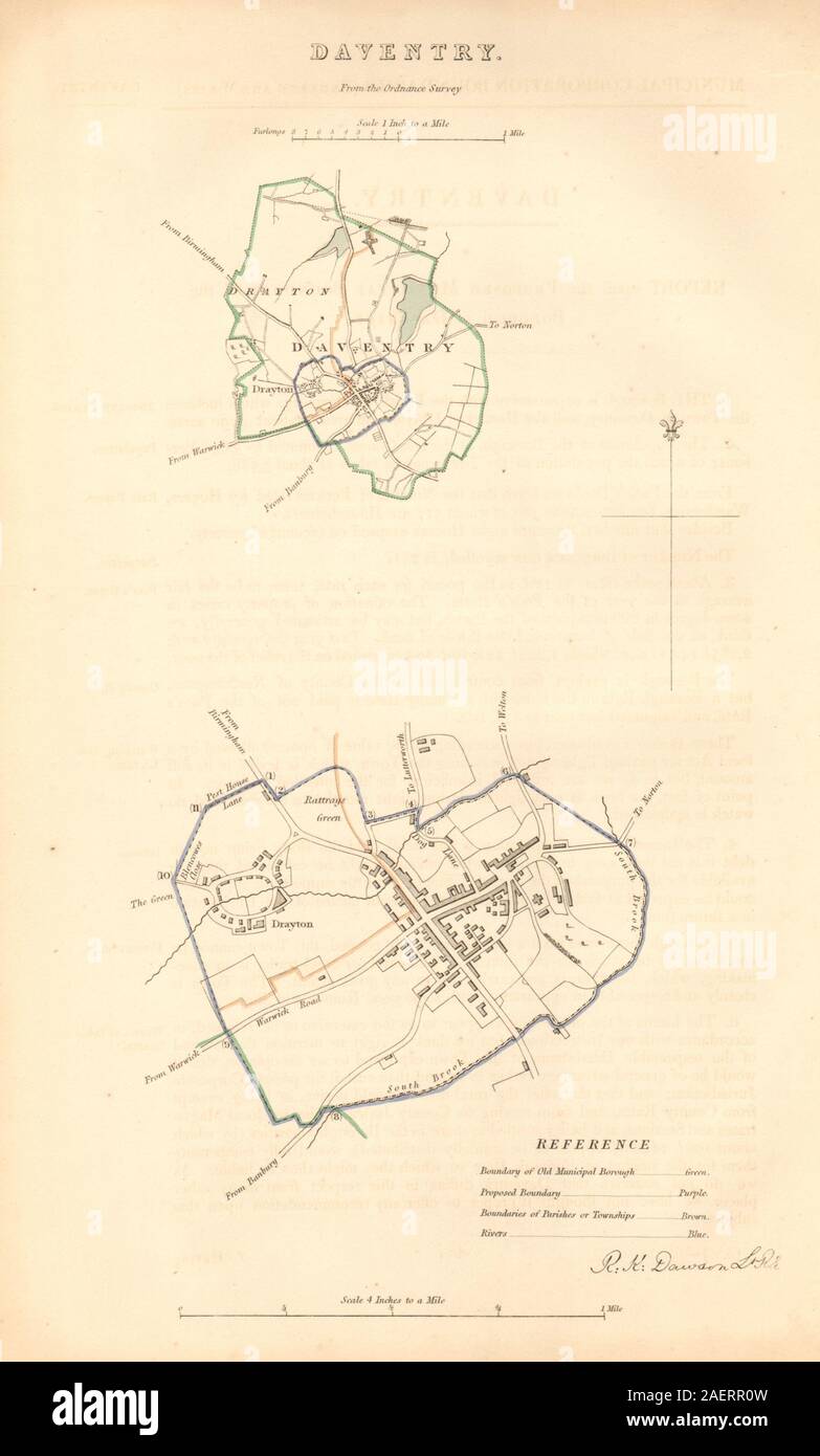 DAVENTRY borough/town plan. BOUNDARY COMMISSION Northamptonshire DAWSON 1837 map Stock Photo