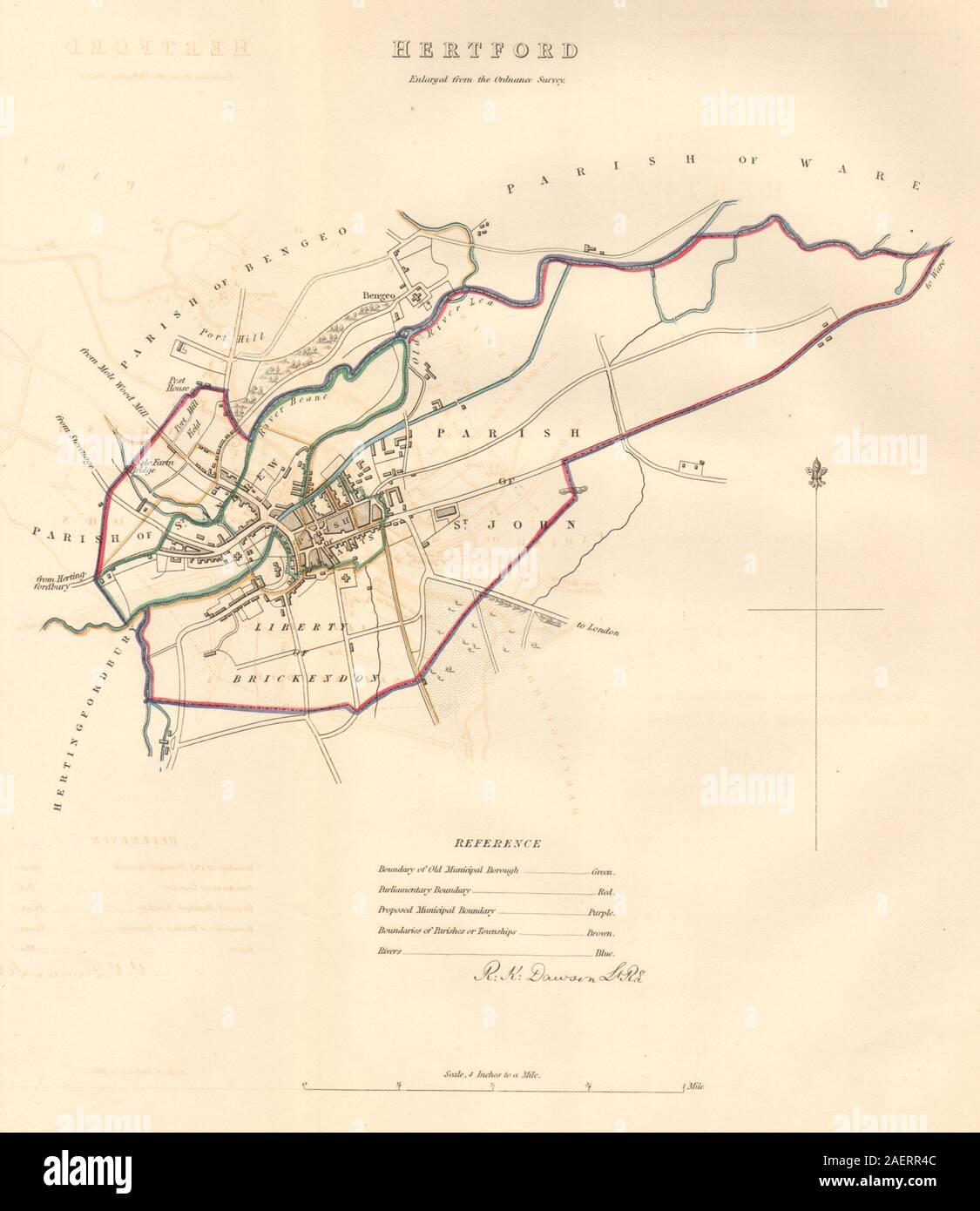 HERTFORD borough/town/city plan. BOUNDARY COMMISSION. DAWSON 1837 old map Stock Photo