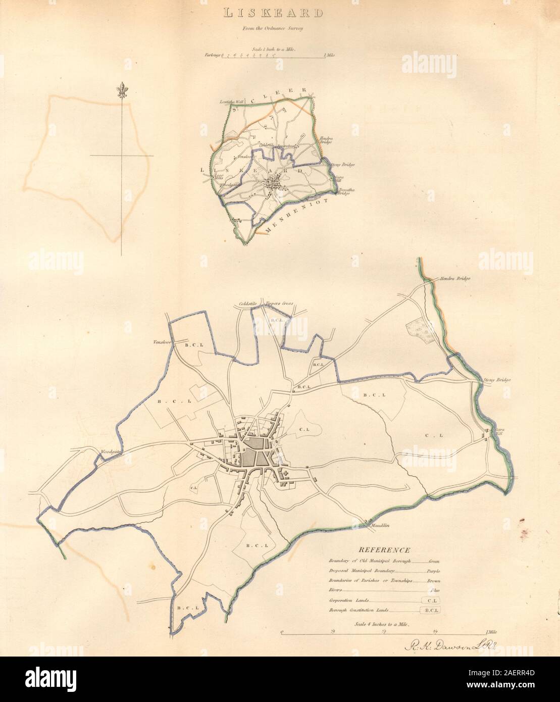 LISKEARD borough/town plan. BOUNDARY COMMISSION. Cornwall. DAWSON 1837 old map Stock Photo
