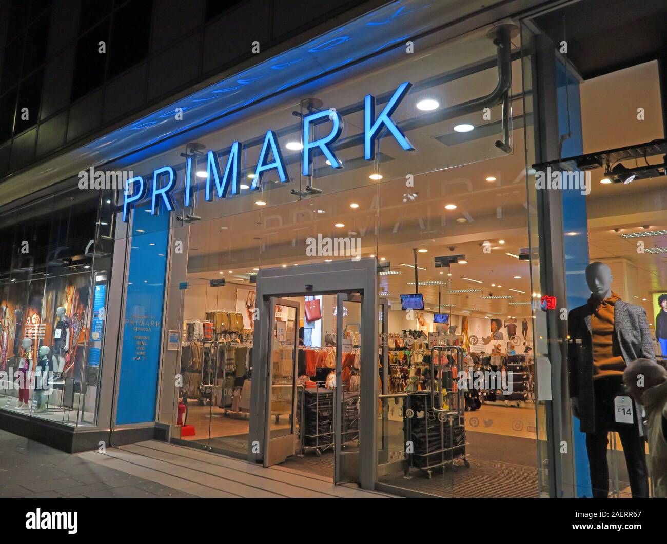 Primark store, neon sign, Glasgow,Scotland, Irish fast fashion retailer Stock Photo