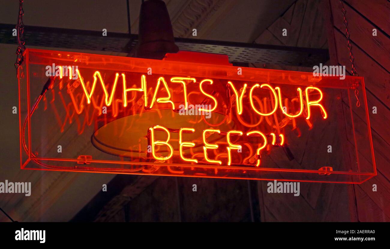 Red Neon Sign, Whats Your Beef? Stock Photo